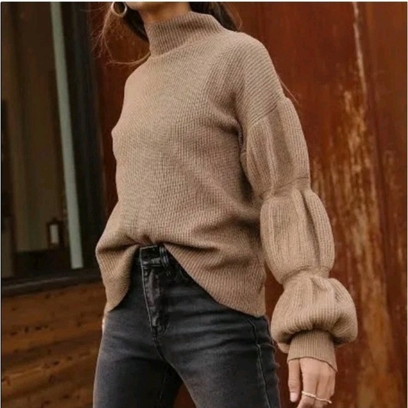 Bohme Tan Ribbed Mock Neck Bubble Sleeve Cute Neutral Helena Sweater Size M - Picture 1 of 8